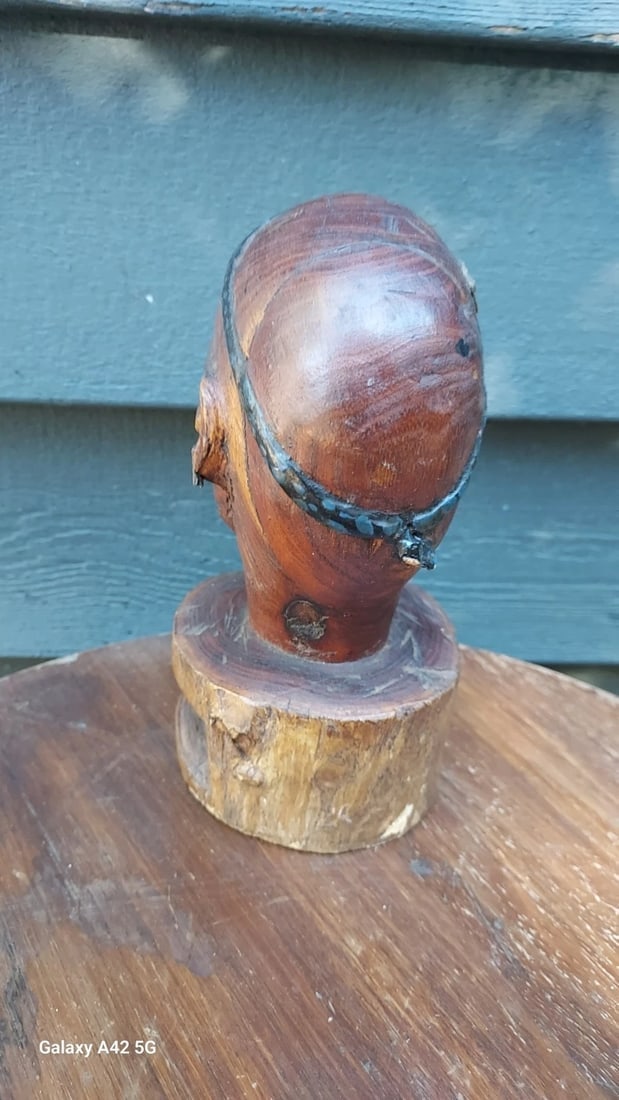 Antique Wood Carved Folk Art American Indian Face Elm - 3