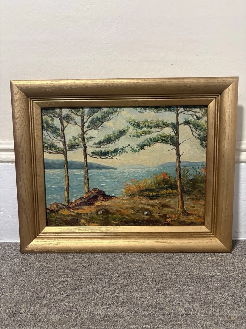 R Mahon Oil On Board Landscape Painting: The frame measures 20 1/4” x 16 1/4” and the board measures 16” x 12”. It is artist signed in the lower left hand corner. It is in good condition and is being sold as is. I