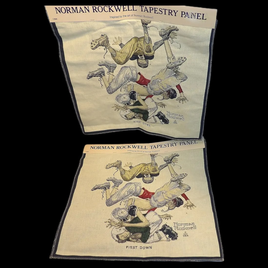 Norman Rockwell Tapestry Panel Oakhurst Textiles (B): Second tapestry panel by Oakhurst Textiles Inc. with a different Norman Rockwell scene. Ideal for framing or decorative pillow creation. Vintage NOS. Shipping:Domestic: Flat-rate of $15.00 to