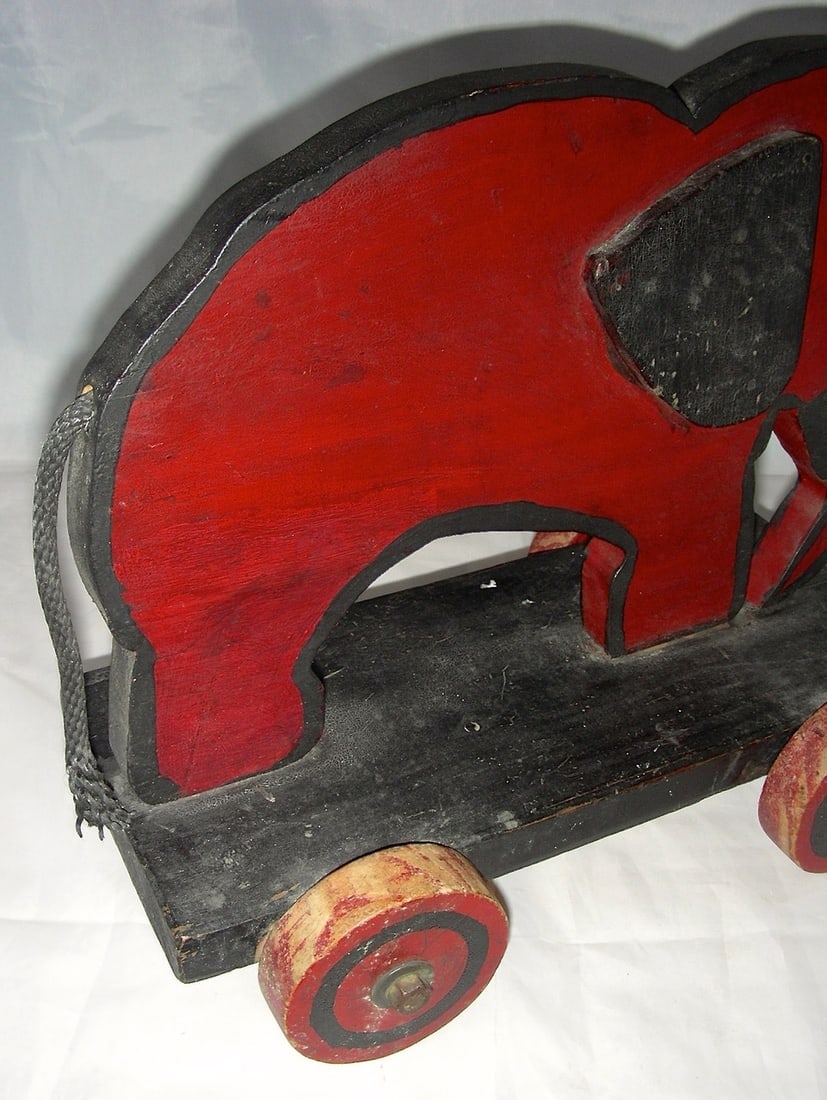 Wooden Elephant Pull Toy w/ Applied Ears & a Scowl - 3