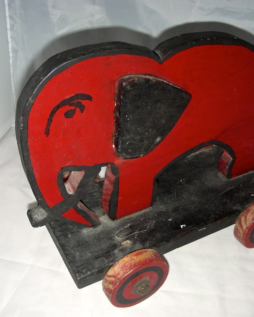 Wooden Elephant Pull Toy w/ Applied Ears & a Scowl - 4