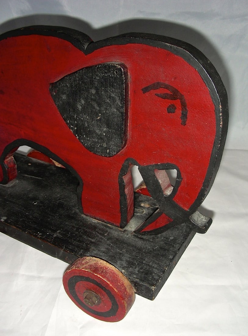 Wooden Elephant Pull Toy w/ Applied Ears & a Scowl - 5