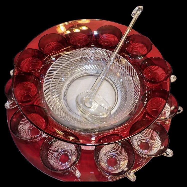 Ruby Flashed Punch Bowl Underplate Cups Set: Stunning ruby flashed glass punch set including large punch bowl, matching underplate, and footed punch cups with ornate clear patterns. Item ID: ls009672. Shipping:Domestic: Flat-rate of $100.00 to