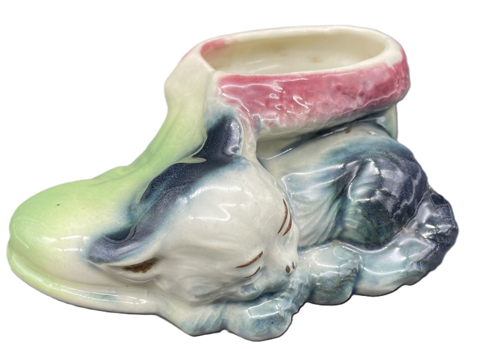 Vintage Planter Cat Kitten Sleeping by Shoe: Date/Period: APPROX 1950'SDimension: Approx 2.5 x 6 x 4Material: CERAMICAdditional Information: Vintage Planter Cat Kitten Sleeping by Shoe Ceramic Shipping:Domestic: Flat-rate of $11.00 to anywhere