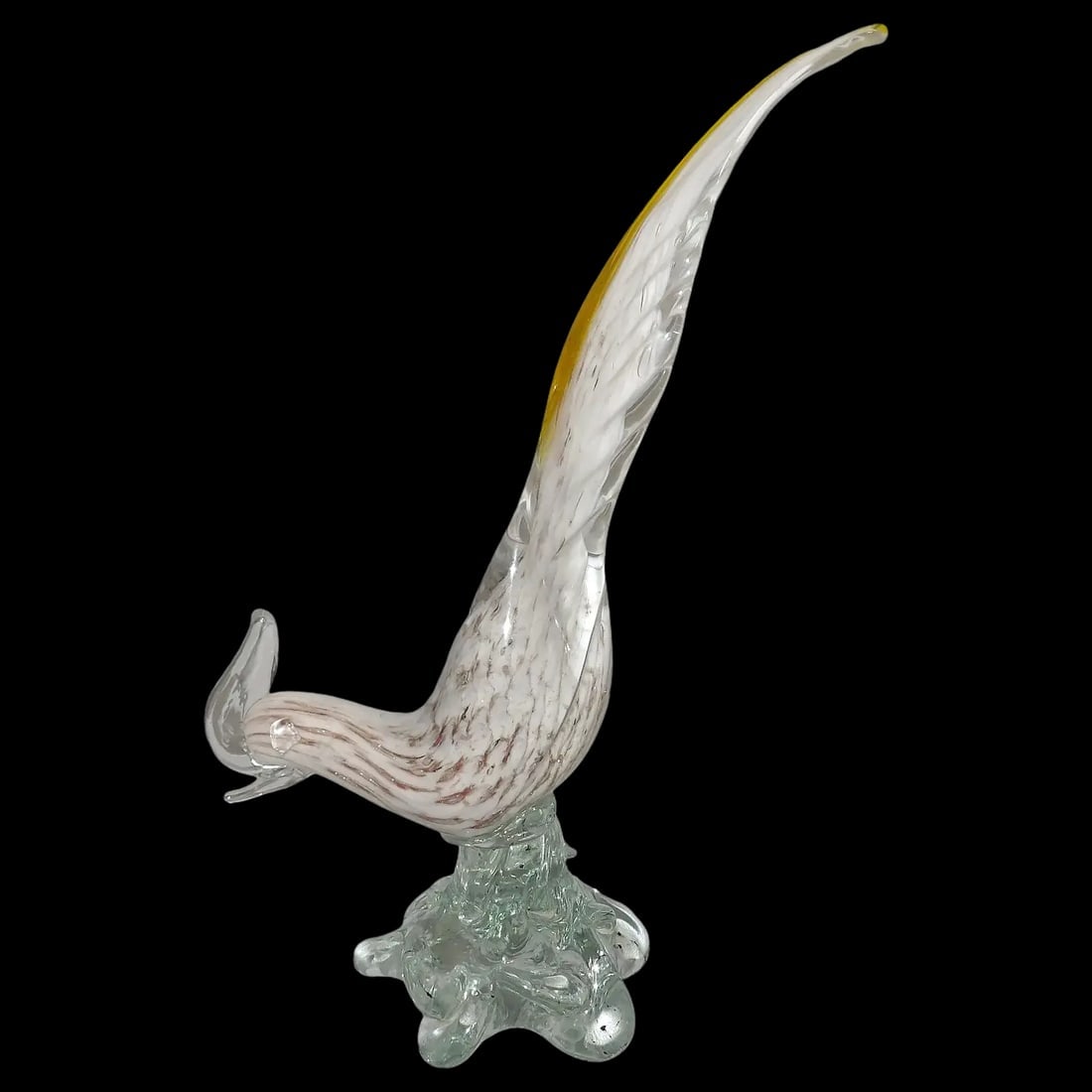 Murano Pheasant White Gold Aventurine and Yellow: Murano pheasant encased in clear glass with Gold Aventurine (sparkling particles) and yellow tail accents. Measures 11-7/8” x 8-1/2”. Hand-finished with a smooth pontil. Small chip on