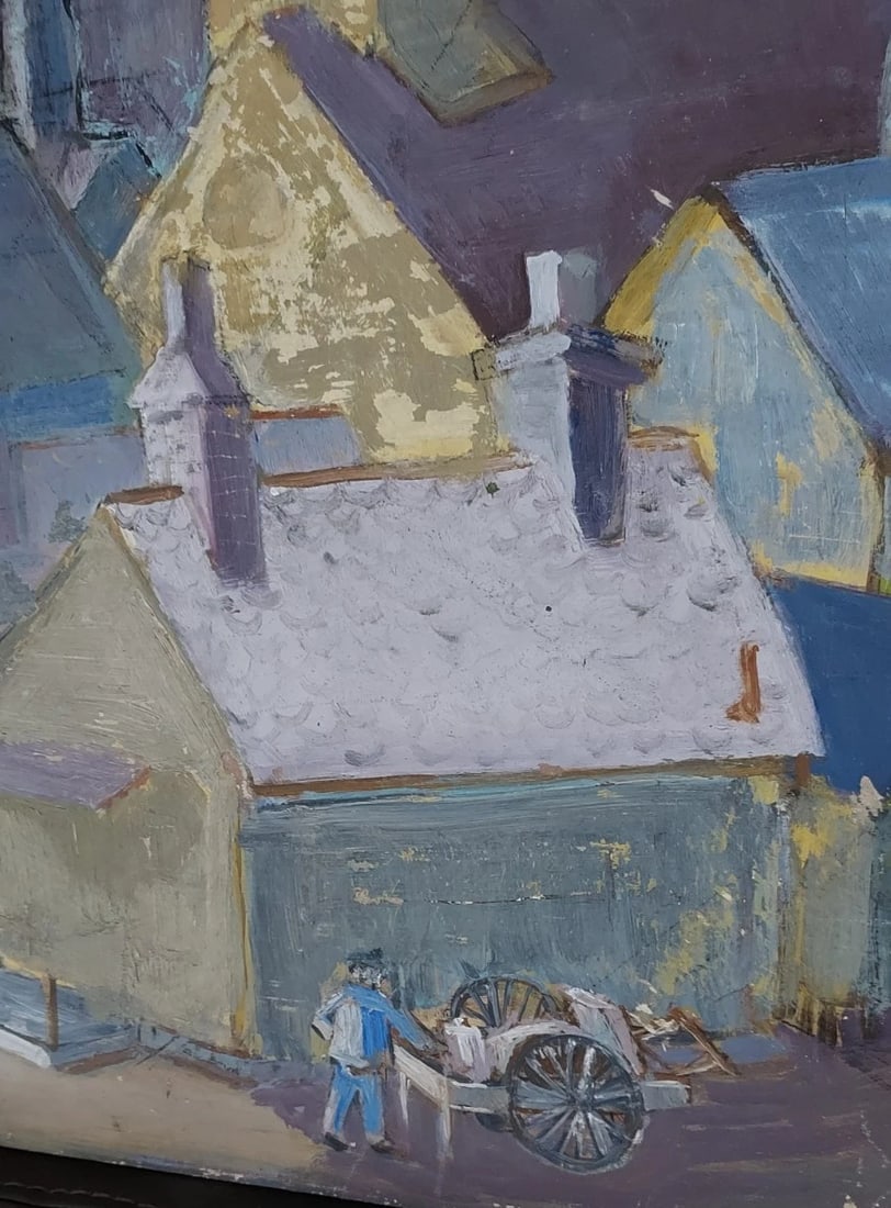 20th century oil painting on Board weird colors town church 1950 street vendor - 2