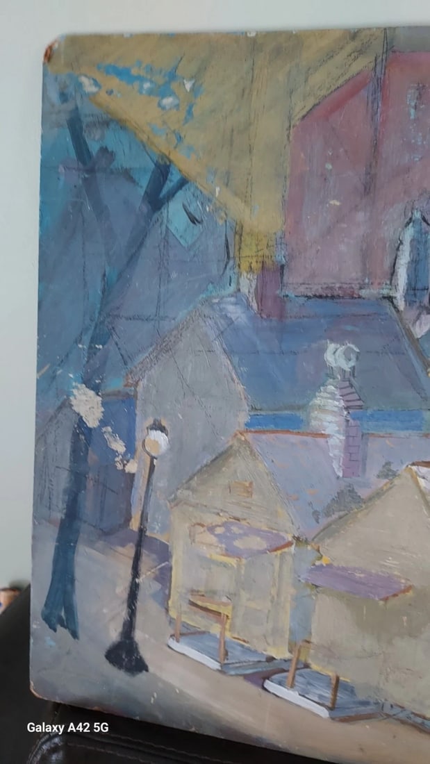 20th century oil painting on Board weird colors town church 1950 street vendor - 3