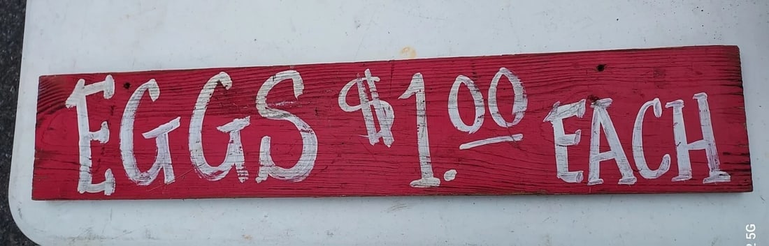 Painted Sign EGGS $1.00 1970 Farm Chickens: Great looking piece in very good condition. Slight wear to it. Believe it dates to 1970. Measures approximately 6" x 30 " Shipping charges include insurance. Shipping:Domestic: Flat-rate of $20.00