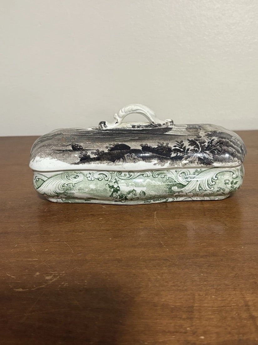 Two Color Staffordshire Razor Box: It measures 7 3/8” x 3 1/4” x 3 1/4” and dates around the 1830’s. It has a small spider hairline on the top rim of the base. Otherwise it has no other issues 