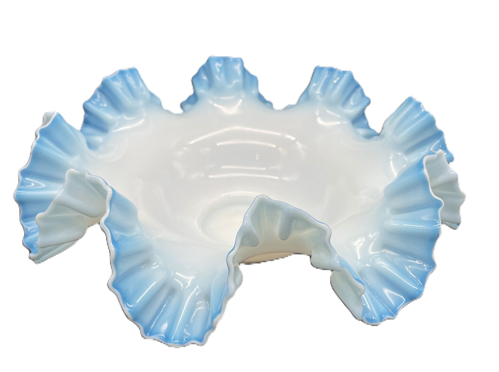 Fenton Blue Opalescent Glass Bowl with Ruffled Rim: Date/Period: unknownDimension: Approx. 10" diameter x 4"Material: glassAdditional Information: Fenton Blue Opalescent Glass Bowl with Ruffled Rim Shipping:Domestic: Flat-rate of $15.00 to anywhere