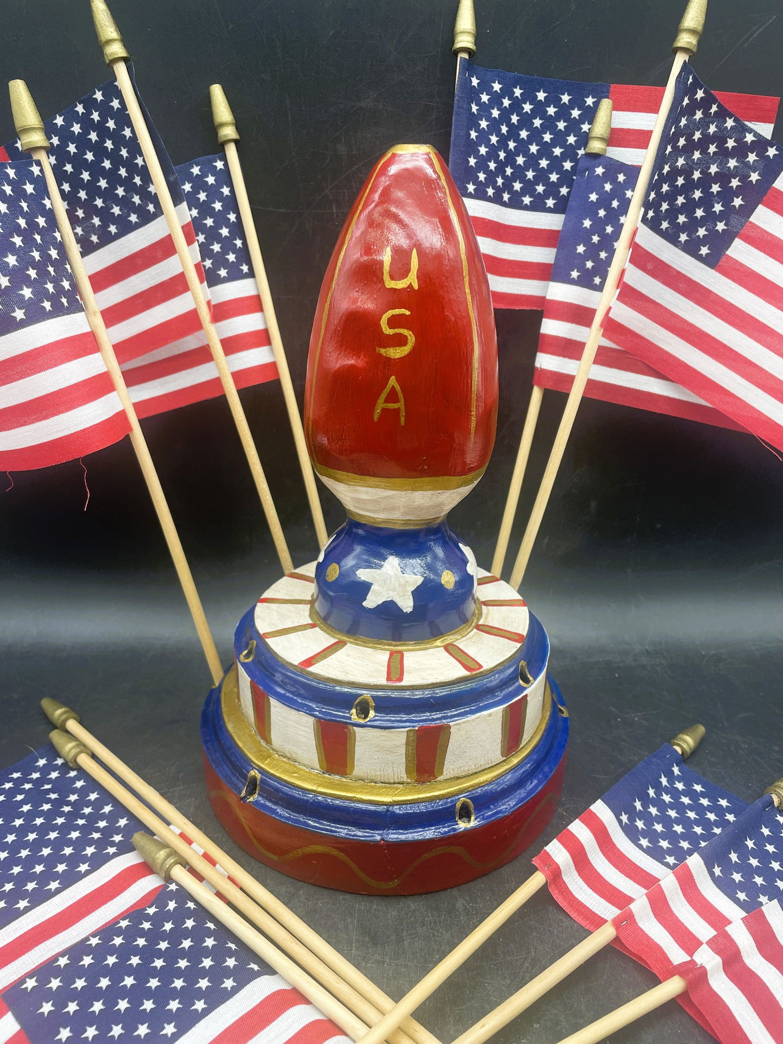 Folk Art Handmade Flag Holder and Flags Patriotic Artist Signed: Date/Period: 2006Dimension: holder approx. 10" tall x 6.25Material: woodAdditional Information: Folk Art Handmade Flag Holder and Flags Patriotic artist signed Ray DeBonis 2006. Ray Debonis was a