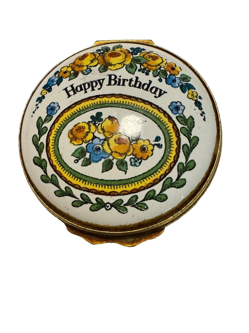 Halcyon Days English Enamels "Happy Birthday" Floral Design Trinket Box ENGLAND (1 of 7)