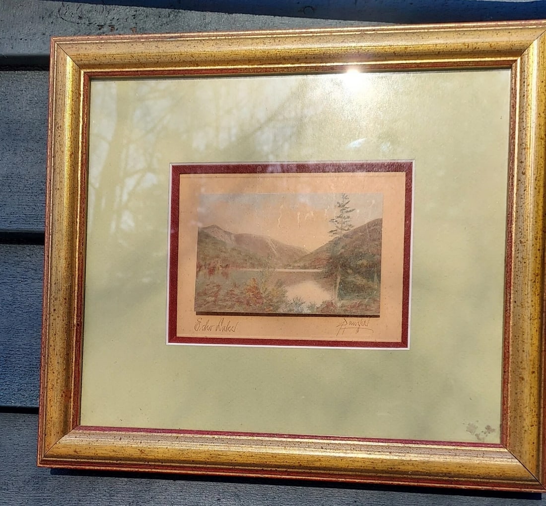 Sawyer Print Painting echo lake adirondacks 1910: Great looking piece in excellent condition. Purchased in the Adirondacks. Measures 4 x 3" and 12 x 10" framed. Shipping charges include insurance. Shipping:Domestic: Flat-rate of $20.00 to anywhere