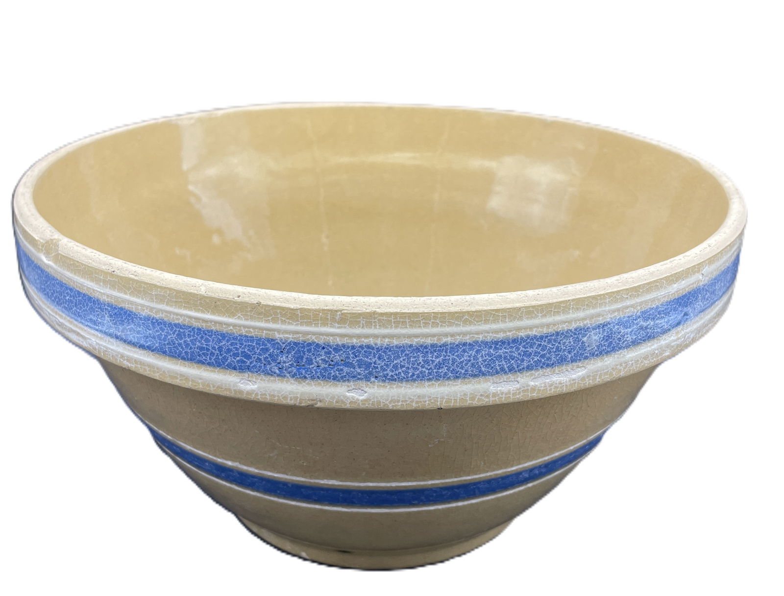 Antique Yellow Ware Blue & White Striped Banded 10 1/2" Stoneware Mixing Bowl: Date/Period: Approx 1930's Dimension: Approx 10.5" diameter x 5.5" tall Material: yellowware / yellow ware Additional Information: Antique Yellow Ware Blue & White Striped Banded 10 1/2" Stoneware Mix