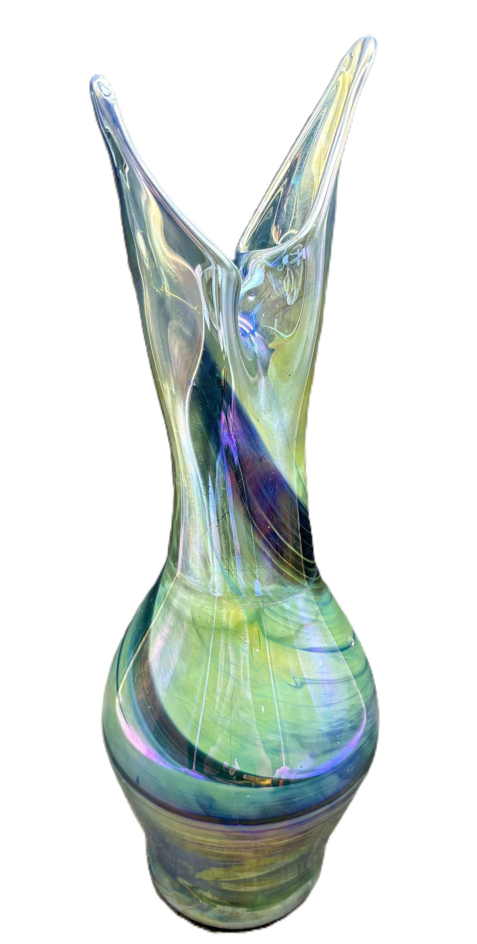 1974 J Baker Art Glass Vase Signed Dated Numbered 13": Date/Period: 1974 Dimension: Approx 13" tall x 3" at opening and 4" at widest Material: glass Additional Information: 1975 J Baker Art Glass Vase Signed Dated Numbered Shipping: Domestic: Flat-rate of