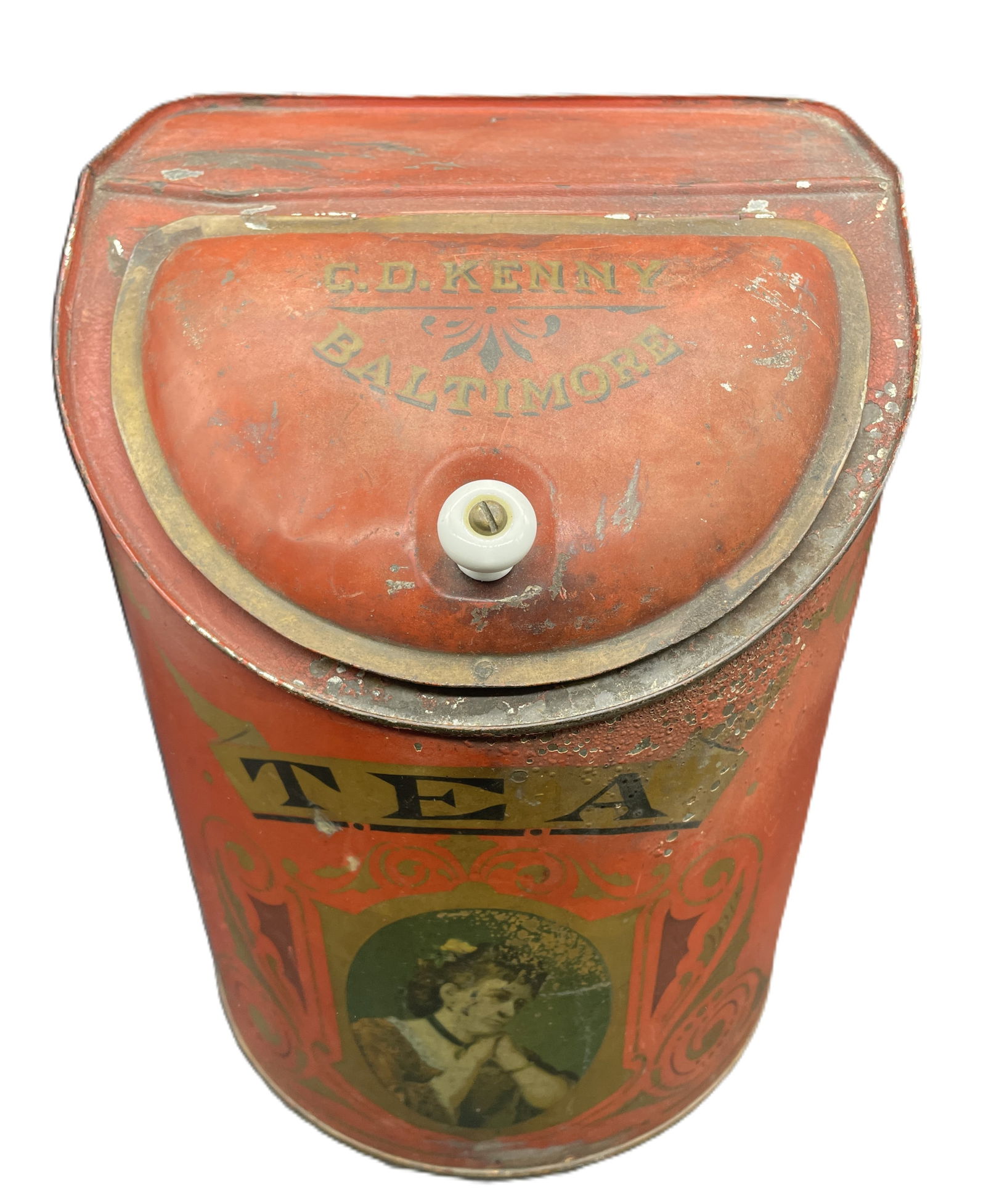 Antique CD Kenny Country General Store Tea Tin Bin Beautiful Graphics Baltimore MD: Date/Period: Approx early 1900's Dimension: Approx. 10" tall x 8.25" x 8" Material: metal Additional Information: This antique metal tin coffee sales bin from the 1900s is a unique piece of merchandis