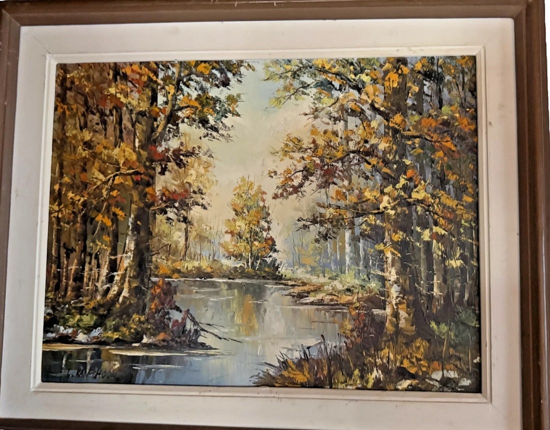 Vintage Sunny, Autumn Riverside Forest, Oil on Canvas, signed L.Kanghoon: The product is a vintage oil painting on canvas by artist looks like L.Kanghoon se close up of signature. It has a medium size with a width of 16 inches and a height of 20 inches canvas plus frame.
