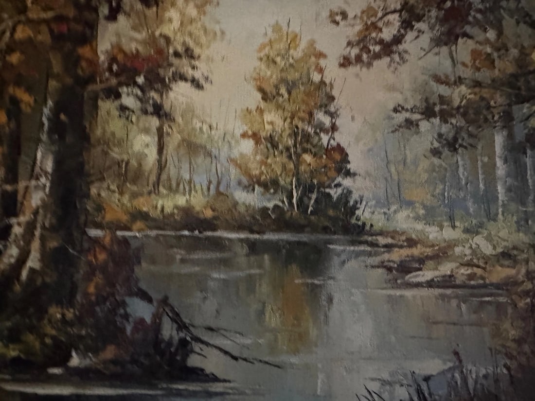 Vintage Sunny, Autumn Riverside Forest, Oil on Canvas, signed L.Kanghoon - 3