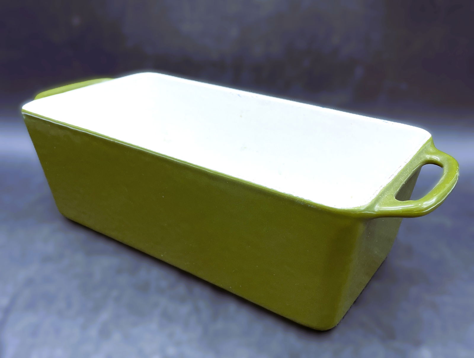 Vintage COPCO Denmark Michael Lax Loaf Pan Cast Iron Enamel: Date/Period: unknownDimension: Approx. 8.25 (10.25 if you count the handles) x 4.25 x 3" deepMaterial: cast iron, enamelAdditional Information: Vintage COPCO Denmark Michael Lax Loaf Pan Cast Iron