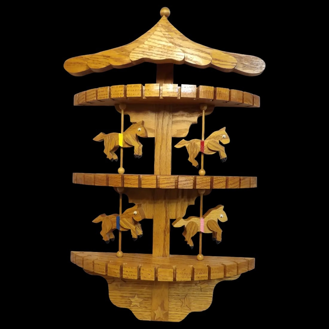 Oak Collector Spoon Fork Utensil Holder Carousel Horses: Unique oak wall-mounted display rack featuring hand-carved carousel horse designs. Holds 39 spoons/utensils, measures 23” x 14” x 4 ¼”. Shipping:Domestic: Flat-rate of $46.00