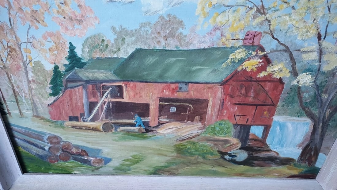 oil painting sawmill On River 1953 great colors 18 X 24 signed R Dole: Great looking piece in excellent condition. Great colors. Measures 24x 18" no frame Shipping charges include insurance. Shipping:Domestic: Flat-rate of $40.00 to anywhere within the contiguous