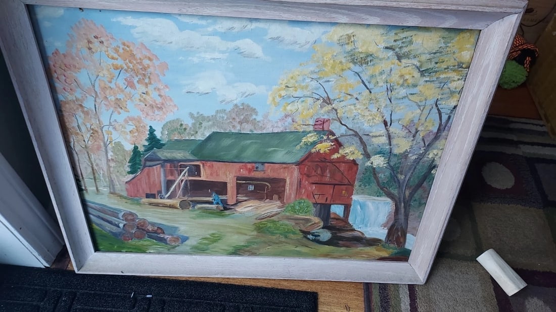 oil painting sawmill On River 1953 great colors 18 X 24 signed R Dole - 2