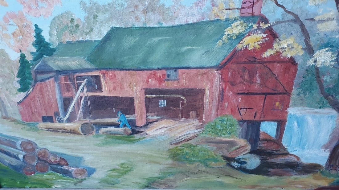 oil painting sawmill On River 1953 great colors 18 X 24 signed R Dole - 3