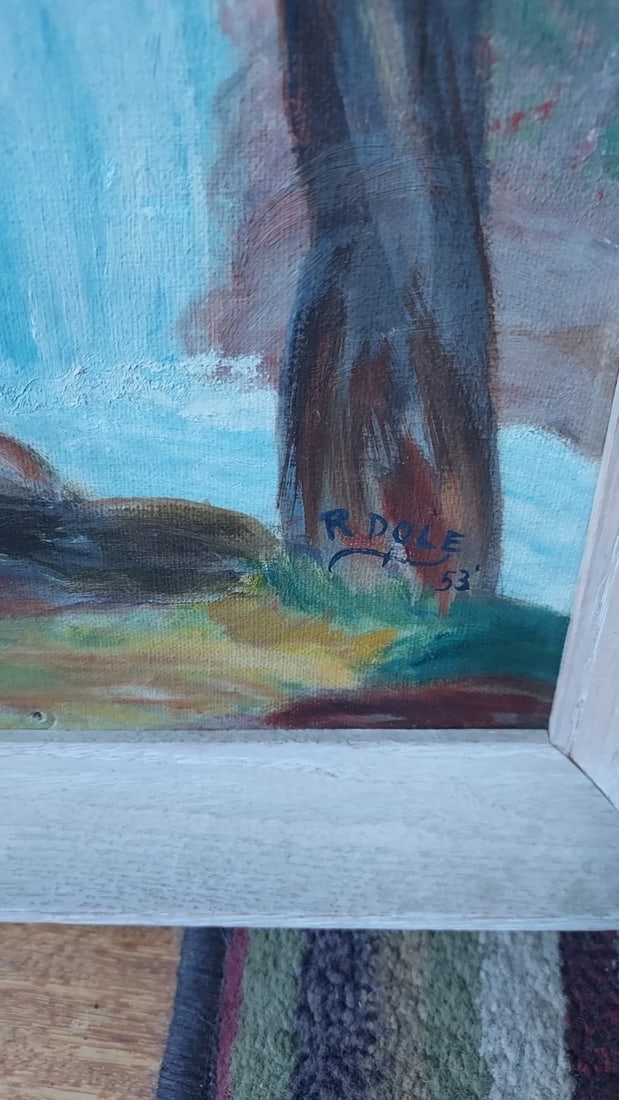 oil painting sawmill On River 1953 great colors 18 X 24 signed R Dole - 4