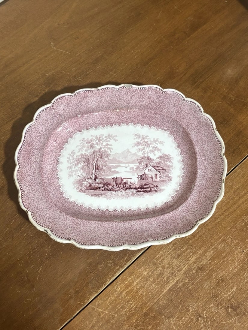 Staffordshire Platter: It measures 11” x 9 1/4” and dates around the 1830’s. It has a small shallow chip on the rim and glaze/paint wear on the rim. Otherwise it has no other issues Shipping:Domestic: