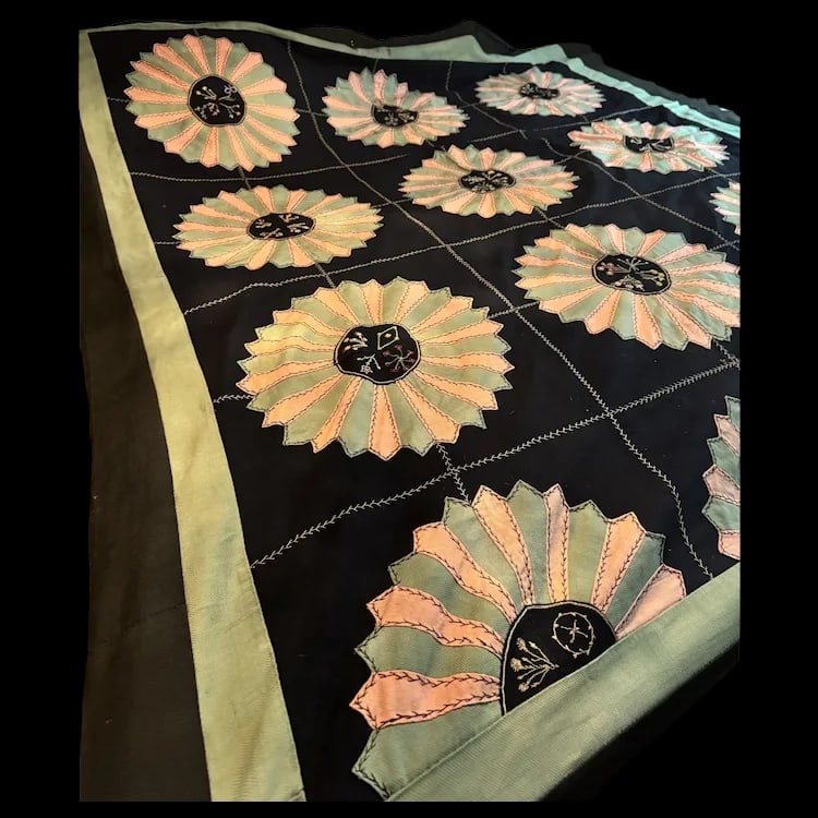 Antique Crazy Quilt Top 72”x82” Hand Stitched: Large 100% wool hand-embroidered quilt top featuring irregular patchwork pieces and cotton backing. Shipping: Domestic: Flat-rate of $35.00 to anywhere within the contiguous U.S. International: Foreig