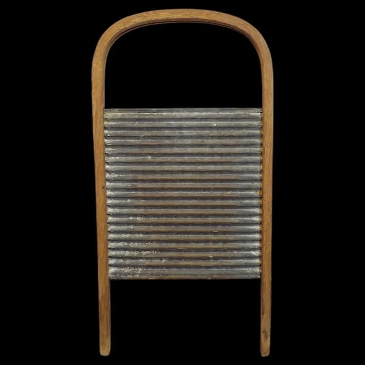 Antique Bent Wood Wash Board: Authentic antique laundry washboard with a bent wood frame and galvanized metal scrubbing surface. Sturdy construction, perfect for rustic farmhouse decor. Item ID: ls009687. Shipping:Domestic: