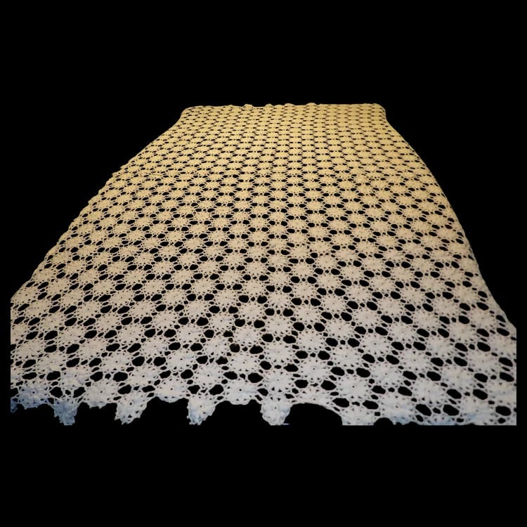Hand Made Cochet Tablecloth or Full Bed Coverlet: Fantastic Heavy Cotton Crochet Tablecloth measuring 79” x 58”. No loose connections or stains. Striking for holiday decorations. Item ID: ls009762. Shipping: Domestic: Flat-rate of $21.00