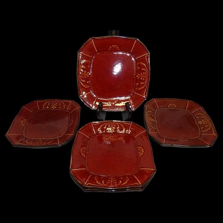 Reba Harmony Victorian Scroll 5 Red Salad Plates: Set of 5 Reba Harmony Victorian Scroll red 8” salad/dessert plates. Near MINT, red glazed stoneware with brown exterior. Item ID: ls009683. Shipping: Domestic: Flat-rate of $24.00 to anywhere wi