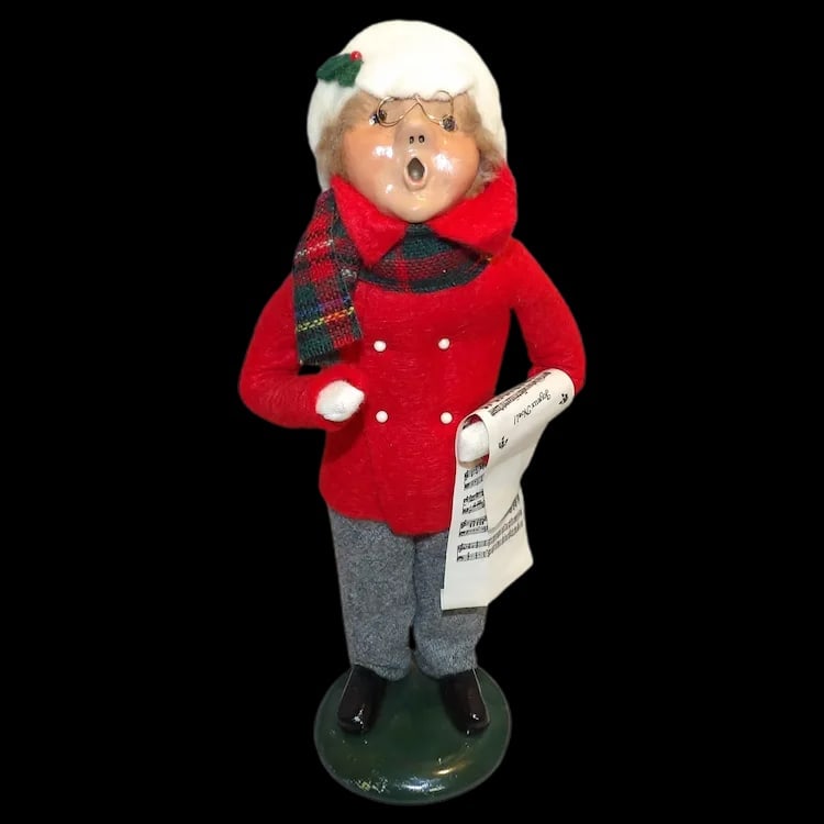 Byers’ Choice 9 ½” 1988 Man Old Man Red Coat Music: Vintage 1988 caroler figure of an old man in a red coat with glasses, holding sheet music. Signed 'Byer 88', stands 9 ½” tall. Shipping:Domestic: Flat-rate of $15.00 to anywhere within
