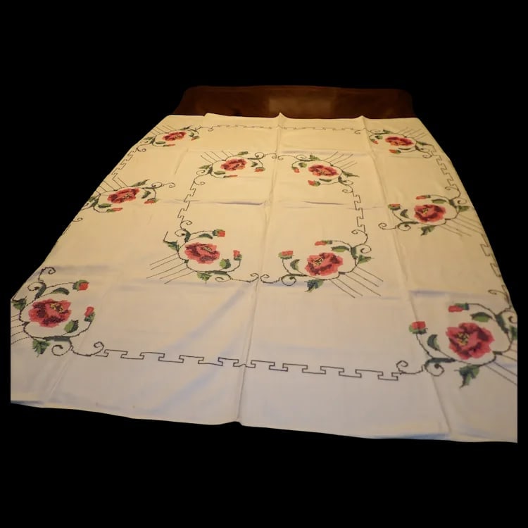 Embroidered Cross Stitch Square Tablecloth with Roses (1 of 1)