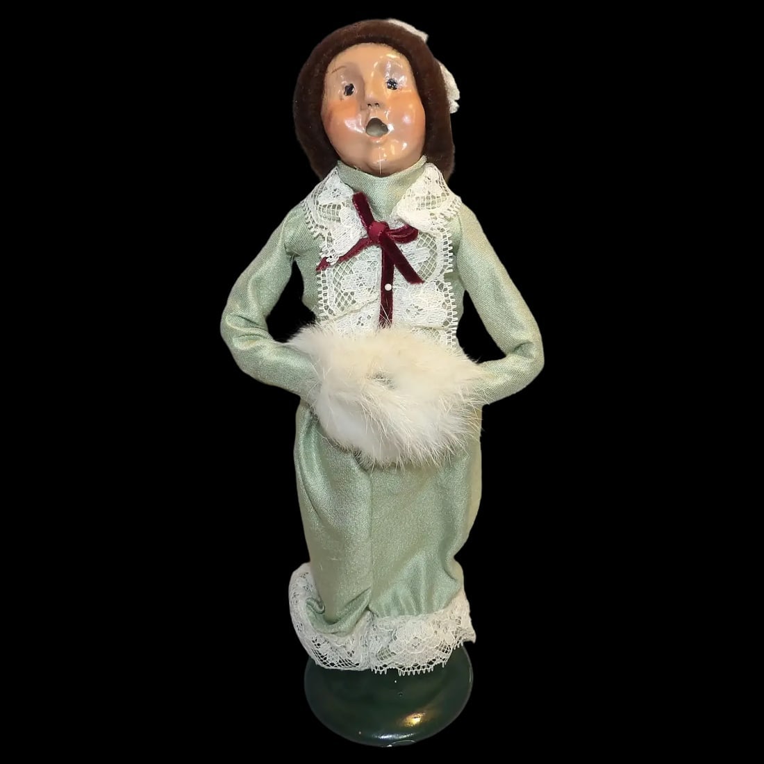 Byers' Choice 1988 Woman with Hand Muff: Vintage 1988 Byers' Choice caroler figure of a woman with a hand muff. Stands 13 ½” tall; no shoes as dress extends to the base. Shipping:Domestic: Flat-rate of $17.00 to anywhere within