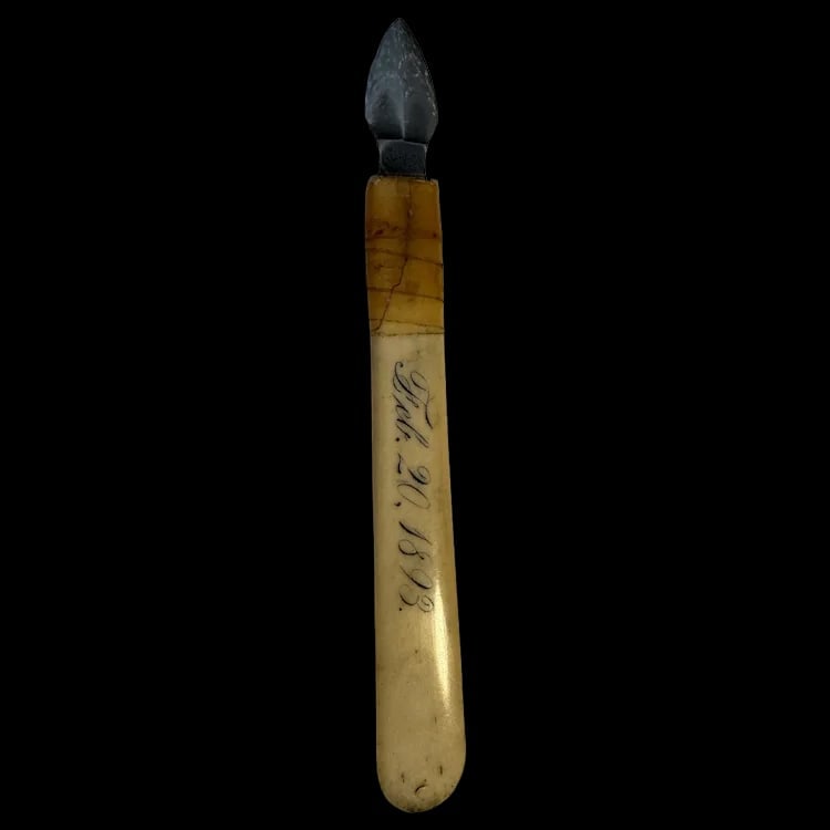 Antique 1893 Bone Handle Miller Bros Ink Scraper: A historical 19th-century ink scraper with a bone handle and a steel blade, marked Miller Bros. Shipping:Domestic: Flat-rate of $10.00 to anywhere within the contiguous U.S.International: Foreign