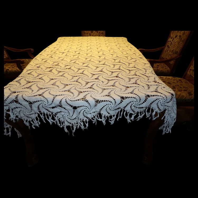 Vintage 1970’s Hand Cochet Tablecloth/Bedspread: Spiral design hand-crocheted piece (96” x 70”) that doubles as a tablecloth or full/queen bedspread. Shipping: Domestic: Flat-rate of $20.00 to anywhere within the contiguous U.S. Internat