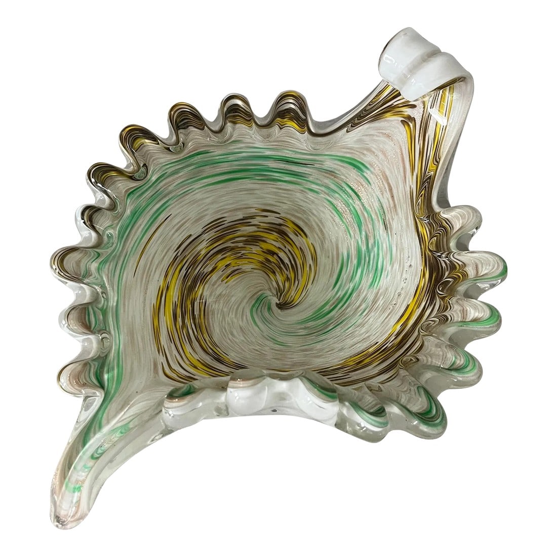 1960s Fratelli Toso Mottled Aventurine Gold Swirl Murano Art Glass Catchall or Bowl: There are not enough words to explain how stunning this Murano glass piece is. Pictures could never capture how delicately the colors play off each other, how the gold ribbon is the perfect accent to