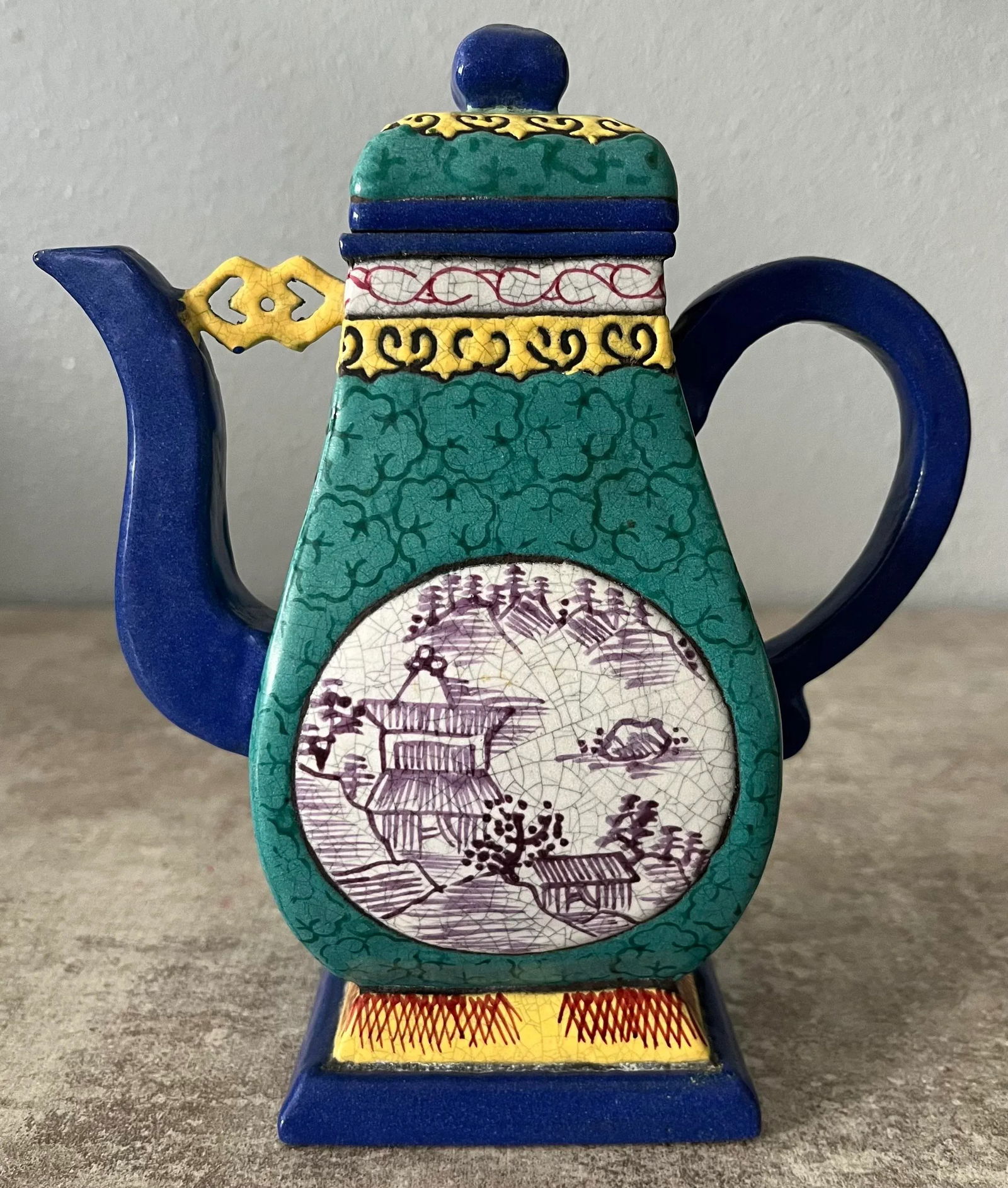 19th Century Chinese Yixing Zisha Clay Enameled Teapot- Marked - 3