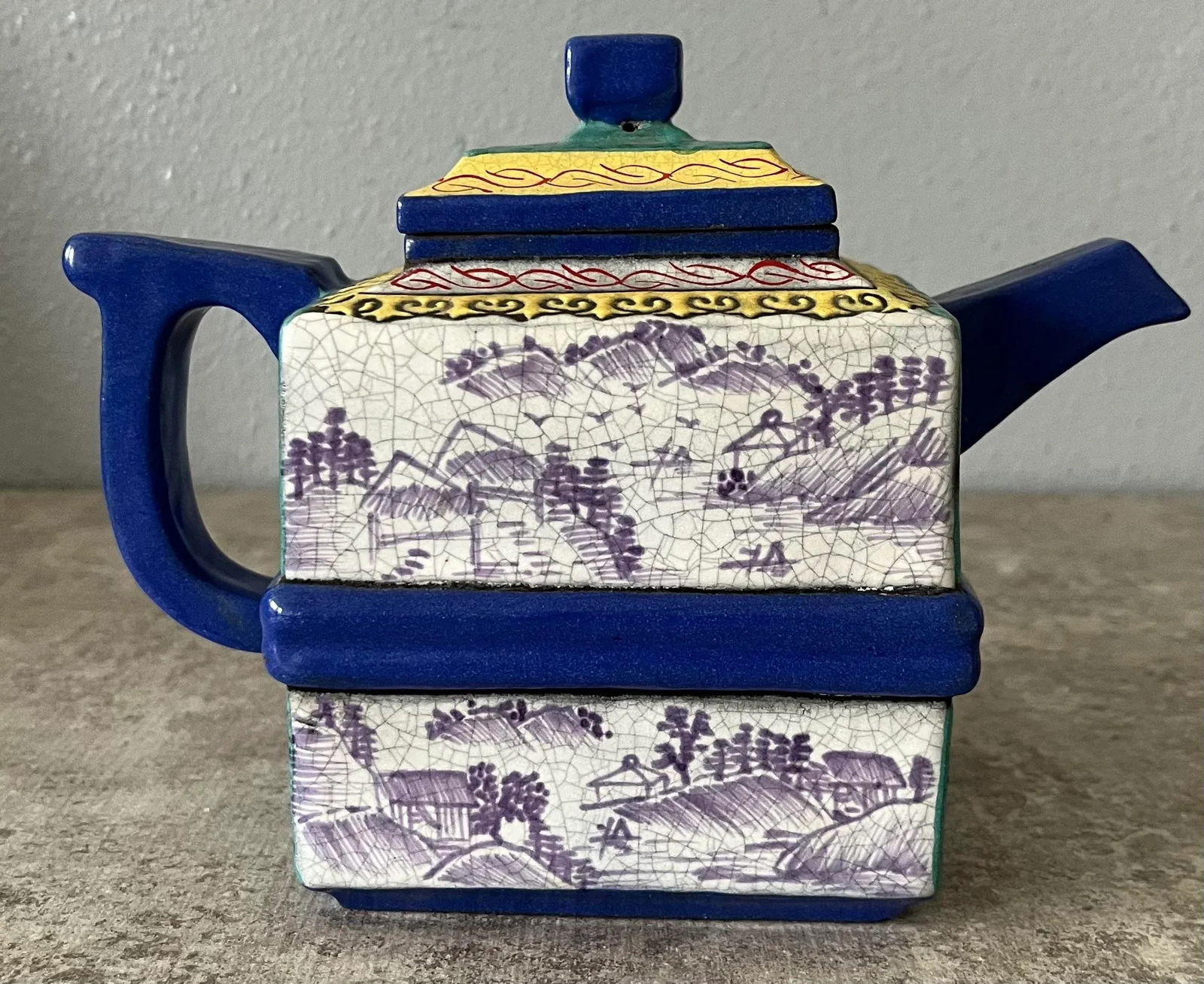 Yixing Zisha Enameled Square Teapot 19th Century- Marked - 5