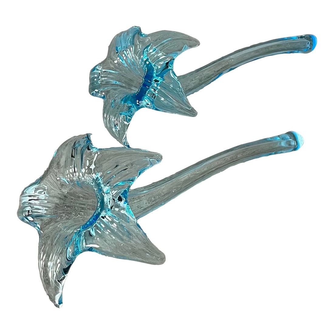 1970s Attributed to Murano Art Glass Turquoise Lilies- A Pair: Sweet lilies are guaranteed to put a pop of color anywhere you need it. Attribution to Murano, these mid century modern lily art glass pieces are sure to inspire conversation. There are slight