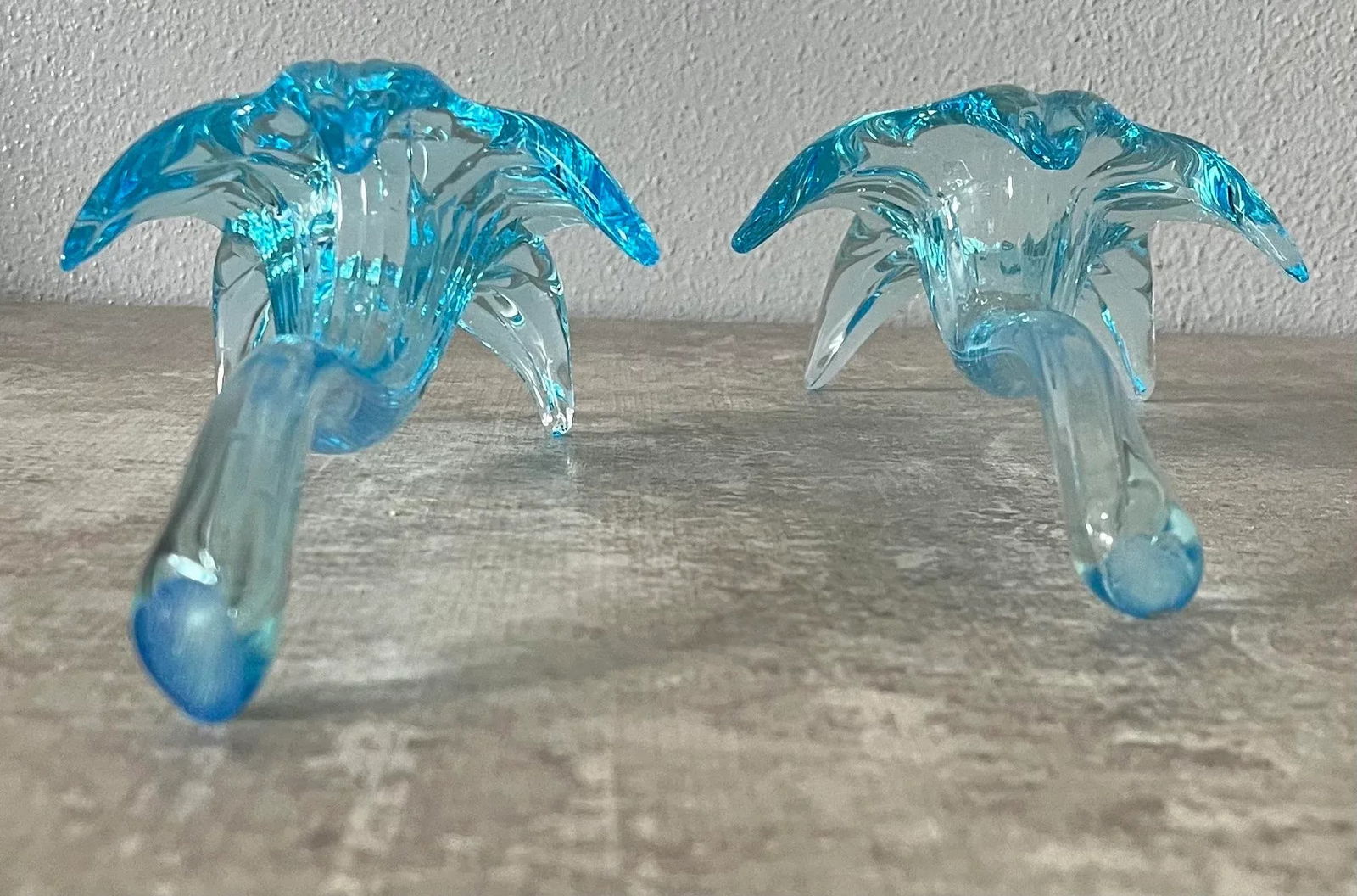 1970s Attributed to Murano Art Glass Turquoise Lilies- A Pair - 5
