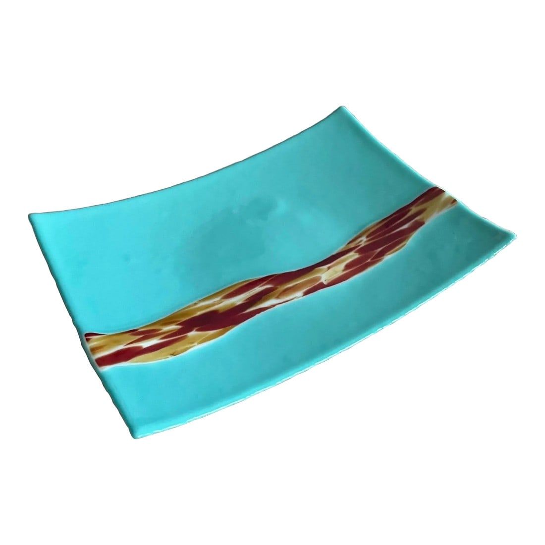 1990s Turquoise Fused Art Glass Decor: Coastal vibes are sure to be found in this gorgeous fused glass tray! I love the brightness of the teal in contrast to what looks like a Murano stripe in its varying shades of browns and tans. A