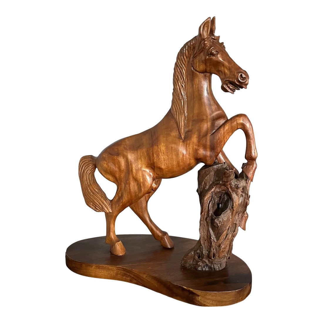 Early 20th Century Chinese Carving of a Rearing Horse: This very large hand carved Chinese rearing stallion is incredibly beautiful- the motion able to be interpreted by the artist is phenomenal- this is a horse in his prime, showing off his strength and