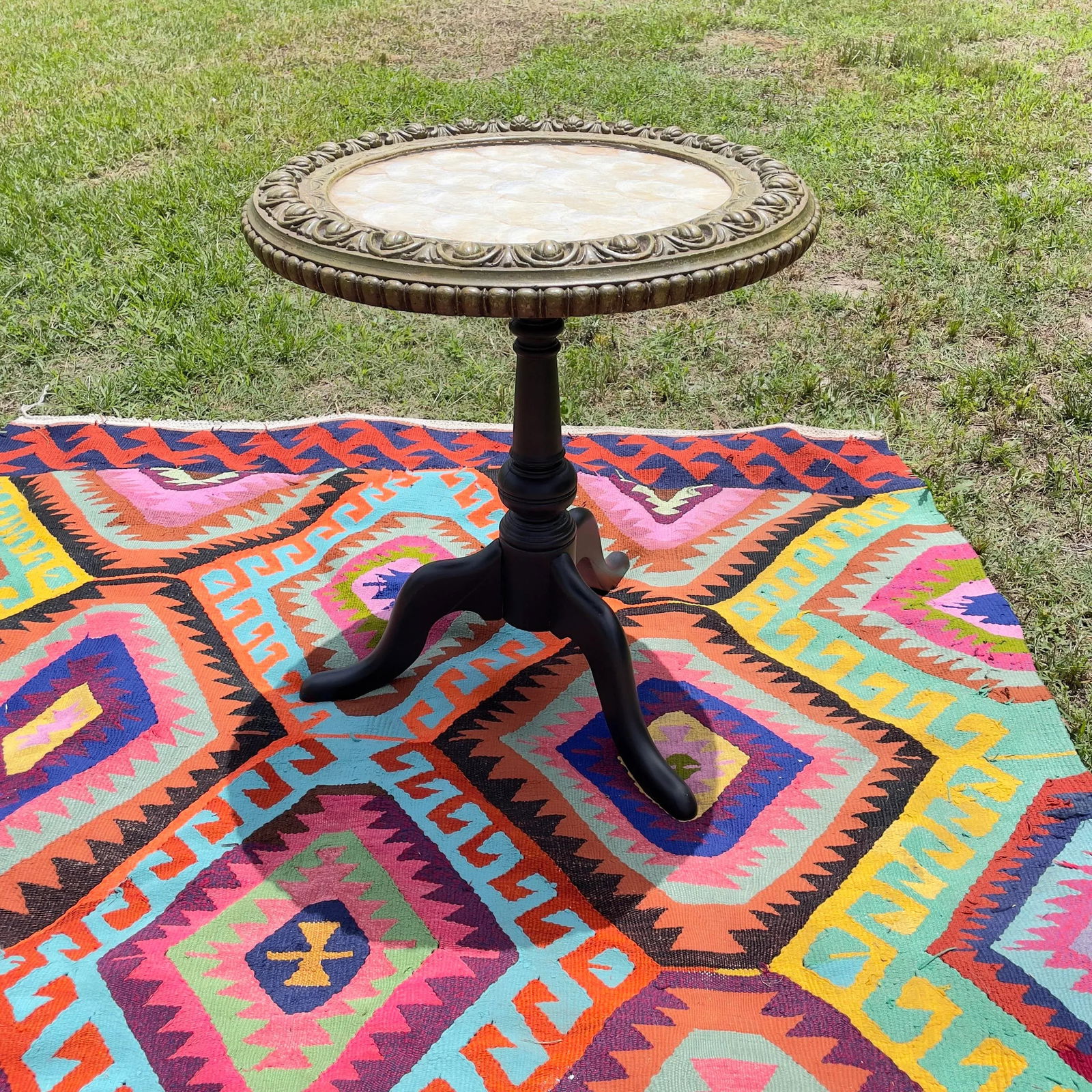Vintage Capiz Shell Table With Ebonized Wooden Base - 2