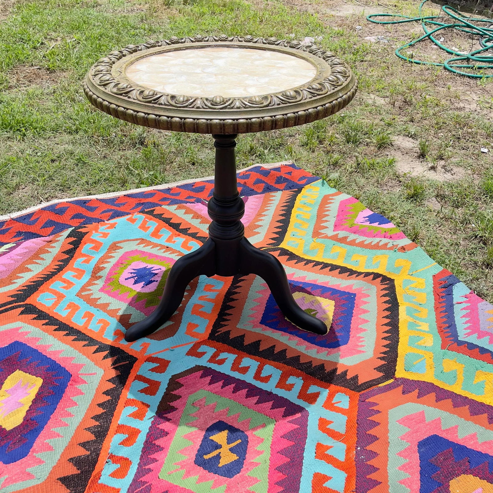 Vintage Capiz Shell Table With Ebonized Wooden Base - 3