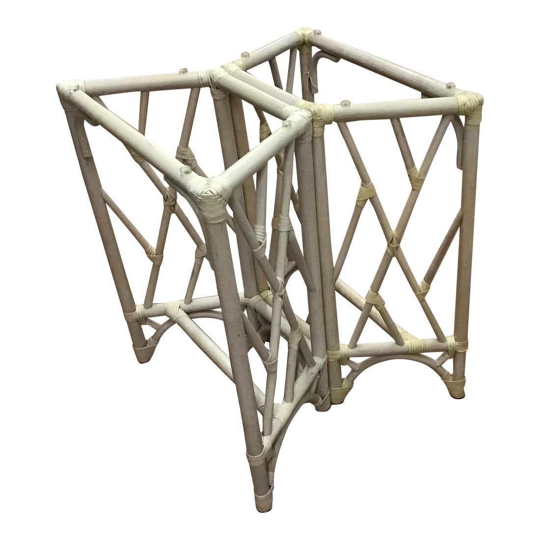 Chinoiserie Bamboo Table Base: Strong and sturdy bamboo base, with leather strappings. Off white natural color. Will accomadate any size glass no bigger than 54". This pedestal is unmarked by the manufacture, few years ago, I saw