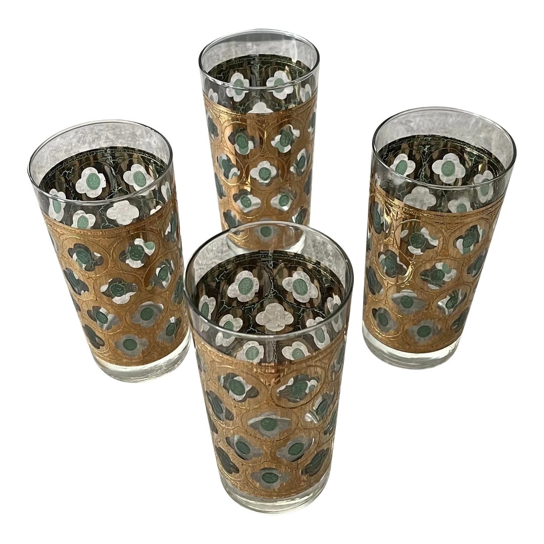 1960s Georges Briard 22k Gold and Green Highball Glasses- Set of 4: Delighted to have on offer these 4 stunning highball glasses by the incomparable Georges Briard. Fully encircled with 22k gold in a glorious pattern, centered and brought together by lovely emerald