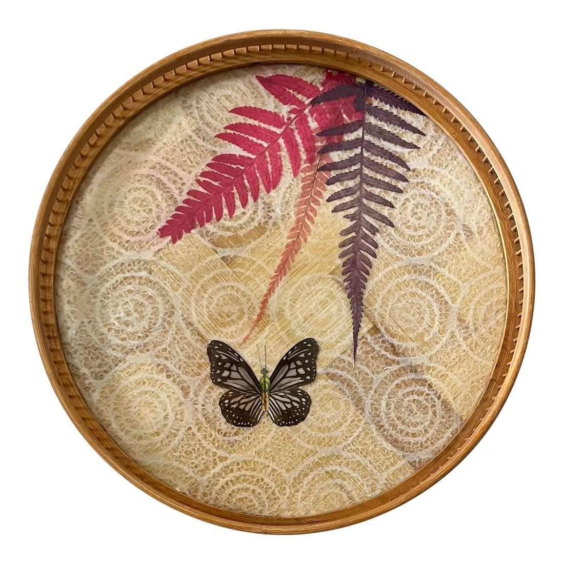 1970s Boho Chic Pressed Butterfly Bamboo Tray: Absolutely adorable pressed butterfly tray from the 1970s. The wings are real, the body is not. Accented with delicately dyed ferns, this is a sweet summertime piece! Dimensions are 11 x 11 x 1.5 